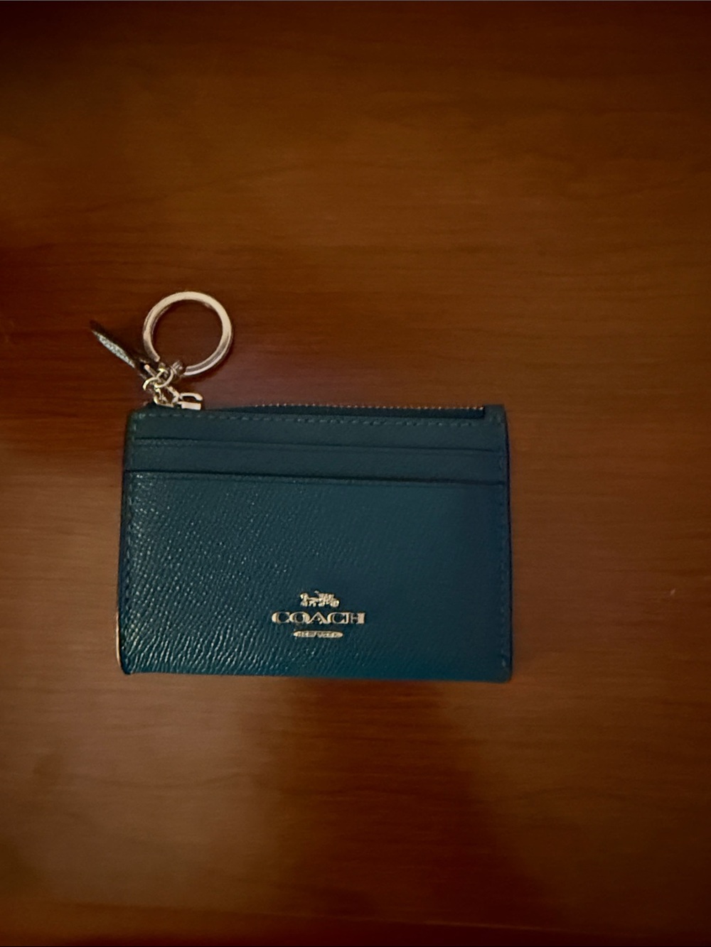 Coach Teal Leather Card Holder with Gold Key Ring